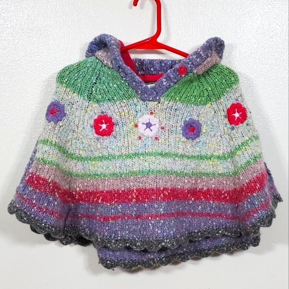 Signature Next Kids Poncho Hooded Embroidered Knit Wool Lined Size 12M - 2Y